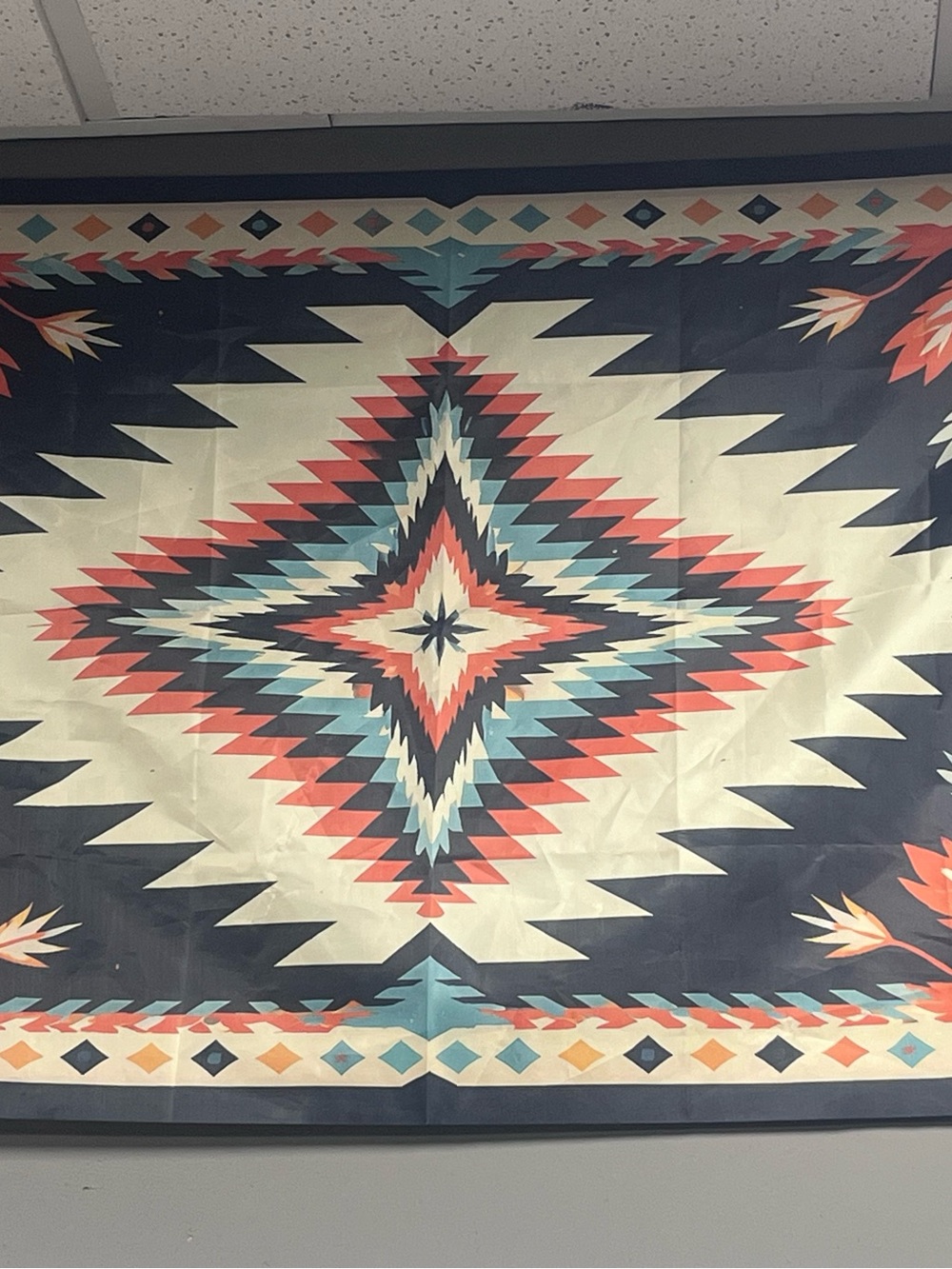 Geometric Aztec tapestry in Navy, Coral & Teal